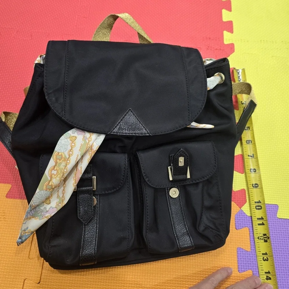 Sam Edelman‎ Black Nylon Backpack Gold Hardware Scarf Drawstring Flap Pocket...